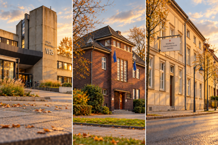 Bildmontage der Gebäude in Herne, Gladbeck und Stendal mit VHS-Beschriftung, blauen Fahnen und Volkshochschulschild.