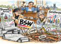 Karikatur mit den BSW-Ratsmitgliedern Norbert Arndt links und Michael Wiese rechts sowie Oberbürgermeister Dr. Frank Dudda oben mittig.