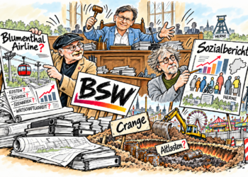 BSW Ratsgruppe Herne – Zwei Anträge, eine Anfrage: Transparenz und Bürgerbeteiligung im Rat Karikatur mit den BSW-Ratsmitgliedern Norbert Arndt links und Michael Wiese rechts sowie Oberbürgermeister Dr. Frank Dudda oben mittig.