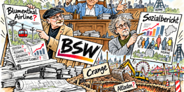 Karikatur mit den BSW-Ratsmitgliedern Norbert Arndt links und Michael Wiese rechts sowie Oberbürgermeister Dr. Frank Dudda oben mittig.