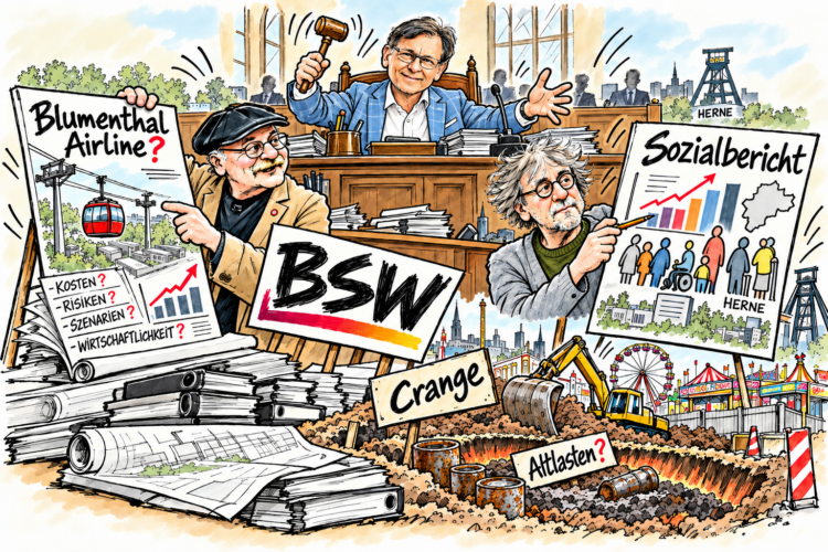 BSW Ratsgruppe Herne – Zwei Anträge, eine Anfrage: Transparenz und Bürgerbeteiligung im Rat Karikatur mit den BSW-Ratsmitgliedern Norbert Arndt links und Michael Wiese rechts sowie Oberbürgermeister Dr. Frank Dudda oben mittig.