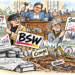 Karikatur mit den BSW-Ratsmitgliedern Norbert Arndt links und Michael Wiese rechts sowie Oberbürgermeister Dr. Frank Dudda oben mittig.