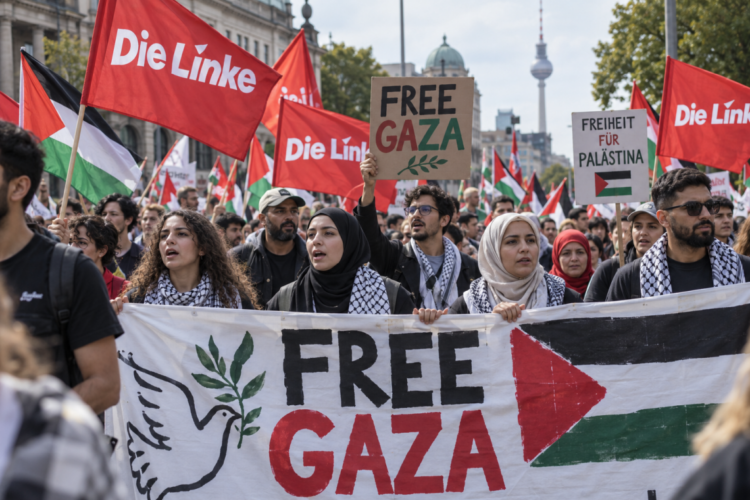 Demonstration mit Fahnen der Linken, palästinensischen Flaggen und Protestplakaten für Gaza in Berlin.