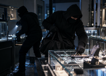 Einbruch bei Juwelier in Gladbeck: Polizei sucht zwei Täter Zwei maskierte Einbrecher durchsuchen nachts ein Juweliergeschäft mit beschädigten Vitrinen und Schmuckauslagen.