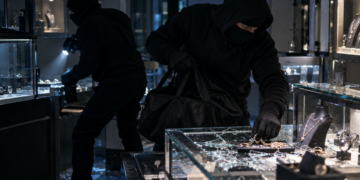 Zwei maskierte Einbrecher durchsuchen nachts ein Juweliergeschäft mit beschädigten Vitrinen und Schmuckauslagen.