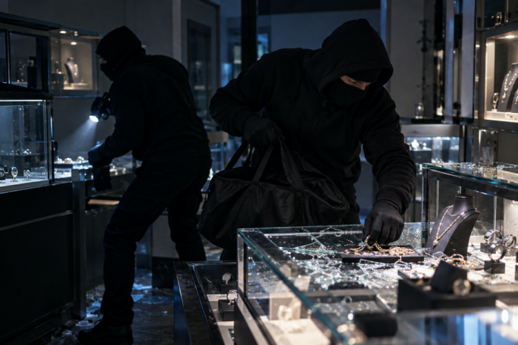 Zwei maskierte Einbrecher durchsuchen nachts ein Juweliergeschäft mit beschädigten Vitrinen und Schmuckauslagen.