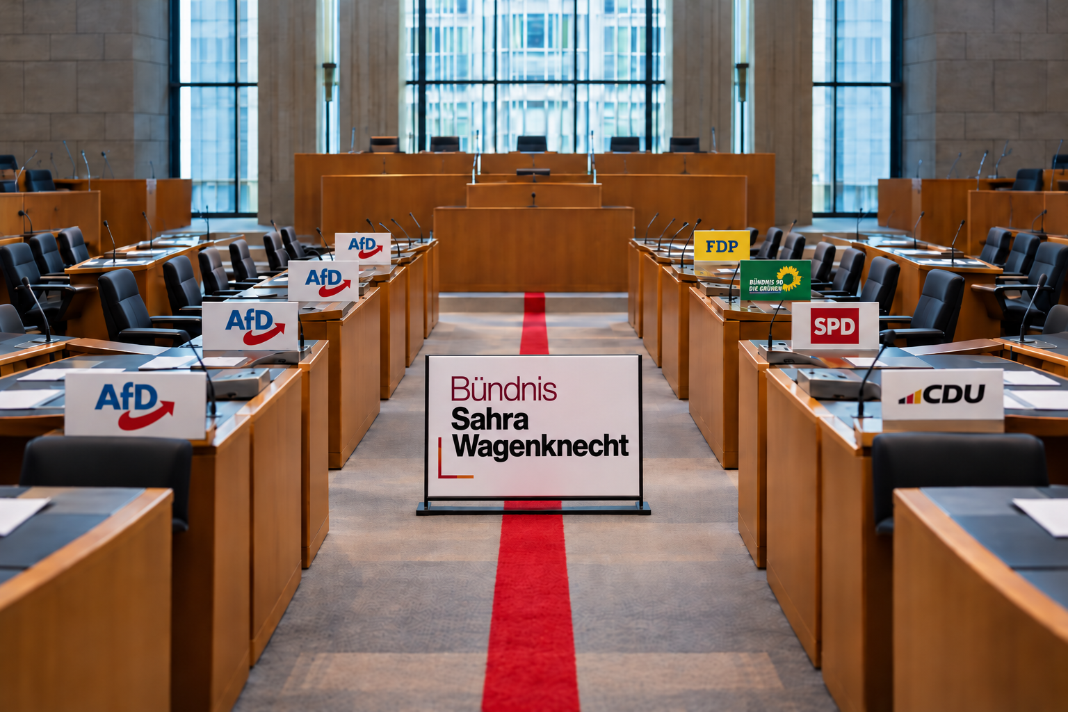Kommentar: Rote Linien brauchen politische Vernunft BSW-Logo auf einer roten Linie im Plenarsaal, links AfD-Logos, rechts Logos von CDU, SPD, Grünen und FDP.