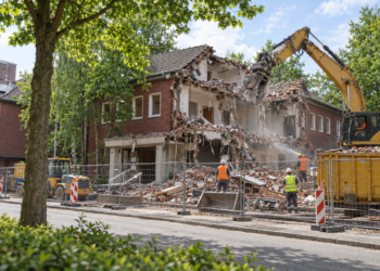 Hallenbad Eickel: Wird der Abriss zur Straftat? Darstellung des teilweise abgerissenen Hallenbades Eickel mit Abrissbagger, Bauzaun und Bauarbeiter:innen.
