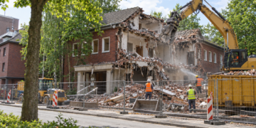 Darstellung des teilweise abgerissenen Hallenbades Eickel mit Abrissbagger, Bauzaun und Bauarbeiter:innen.