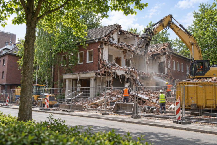 Hallenbad Eickel: Wird der Abriss zur Straftat? Darstellung des teilweise abgerissenen Hallenbades Eickel mit Abrissbagger, Bauzaun und Bauarbeiter:innen.