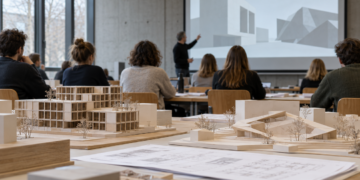 Architecture Winter Talks in Bochum: Order & Ambiguity Architekturmodelle auf einem Tisch vor einer Vorlesung mit Studierenden und einer Projektion von Gebäudeformen.