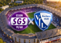 SGS Essen gegen VfL Bochum – Vereinswappen beider Fußballvereine vor einer Luftaufnahme des Essener Stadions mit Fans in Lila und Blau.