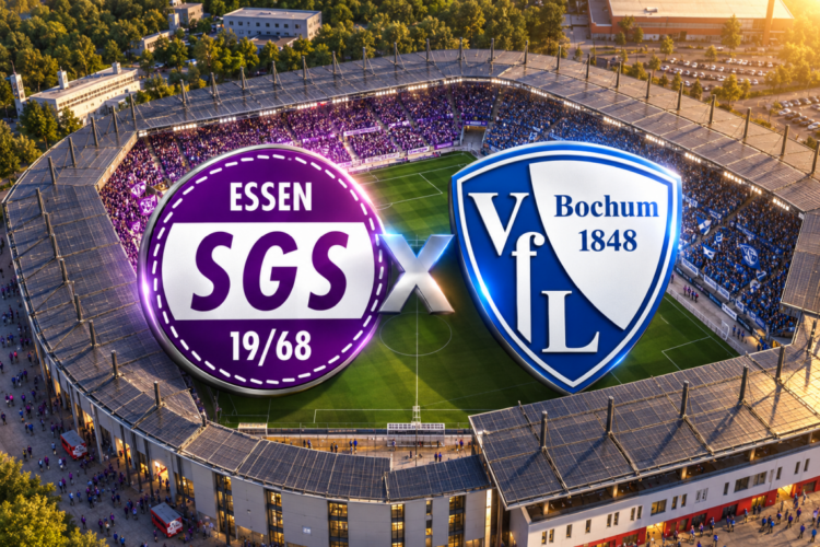 SGS Essen empfängt den VfL Bochum zum Revierduell SGS Essen gegen VfL Bochum – Vereinswappen beider Fußballvereine vor einer Luftaufnahme des Essener Stadions mit Fans in Lila und Blau.