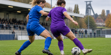 Zwei Fußballerinnen in blauen und violetten Trikots kämpfen auf einem Fußballplatz um den Ball.