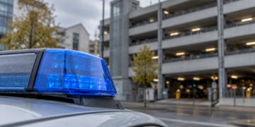 Blaue Rundumleuchte auf einem Fahrzeug vor einem unscharf erkennbaren Parkhaus.