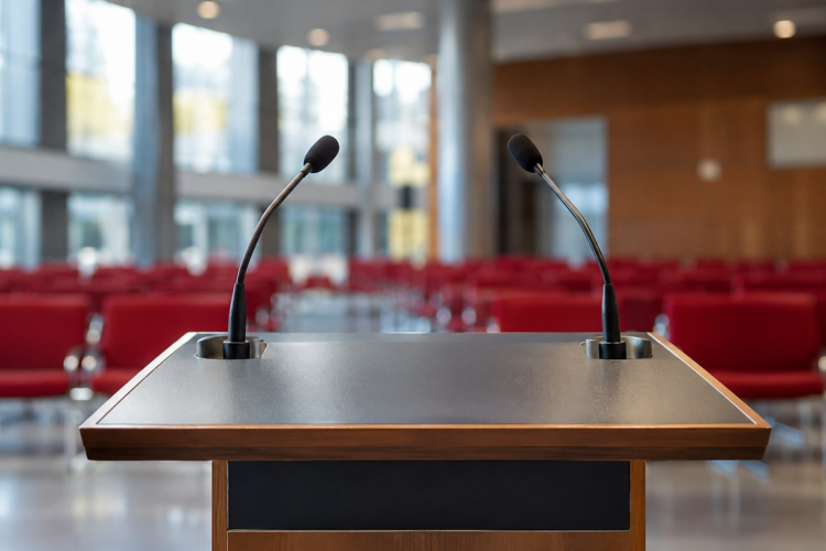 Juso-Chef Türmer fordert Kurswechsel in SPD und Koalition Leeres Rednerpult mit zwei Mikrofonen vor den roten Sitzreihen eines Veranstaltungssaals.