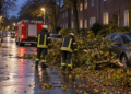 Sturmböen in Herne: Feuerwehr bei zahlreichen Einsätzen Zwei Feuerwehrkräfte neben herabgefallenen Ästen auf einer nassen Wohnstraße mit einem roten Einsatzfahrzeug.