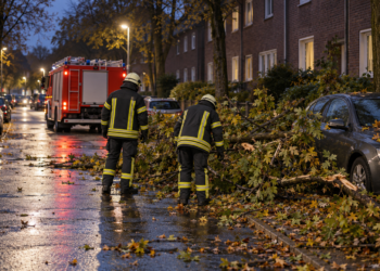 Sturmböen in Herne: Feuerwehr bei zahlreichen Einsätzen Zwei Feuerwehrkräfte neben herabgefallenen Ästen auf einer nassen Wohnstraße mit einem roten Einsatzfahrzeug.