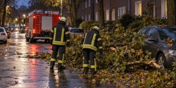 Zwei Feuerwehrkräfte neben herabgefallenen Ästen auf einer nassen Wohnstraße mit einem roten Einsatzfahrzeug.