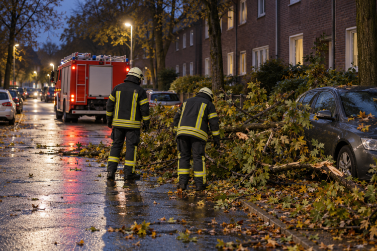 Sturmböen in Herne: Feuerwehr bei zahlreichen Einsätzen Zwei Feuerwehrkräfte neben herabgefallenen Ästen auf einer nassen Wohnstraße mit einem roten Einsatzfahrzeug.